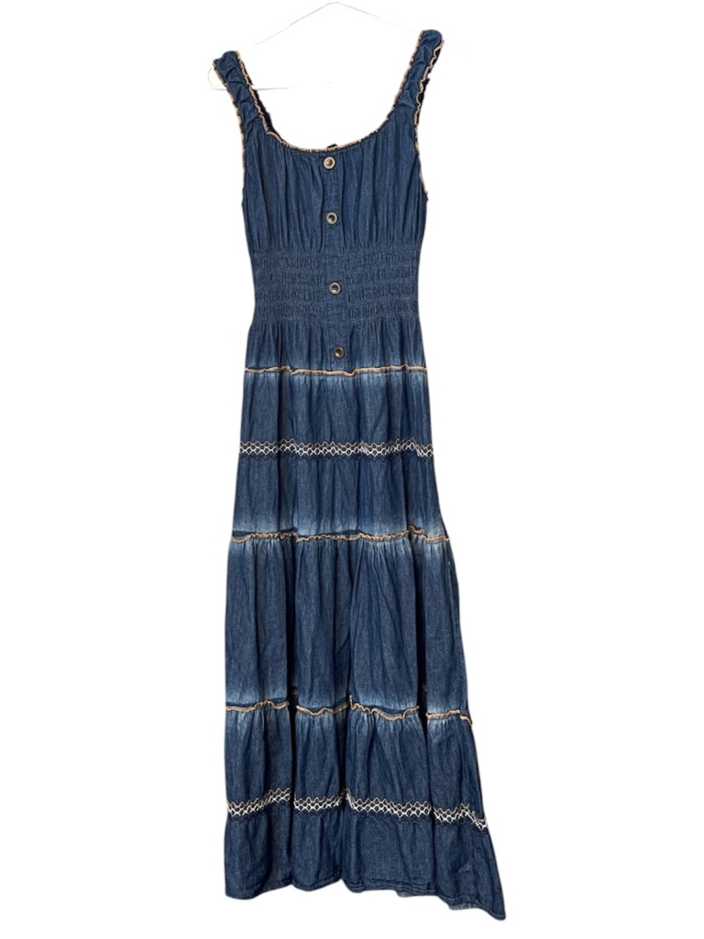 indigo & lace Blue Multi Smocked Tiered Sleeveless Summer Maxi Swing Dress Sz-S